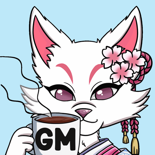 A Cartoon Drawing Of A Cat Holding A Cup Of Coffee That Says Gm GIF
