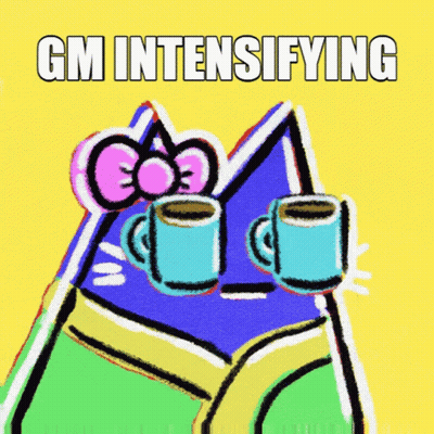 A Cartoon Drawing Of A Cat Holding Two Cups Of Coffee With The Words Gm Intensifying Above It GIF