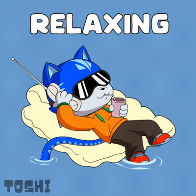 A Cartoon Drawing Of A Cat Laying On A Pillow With The Word Relaxing Above Him GIF