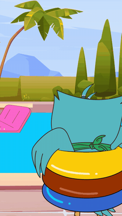 A Cartoon Drawing Of A Cat Laying On A Raft In A Pool GIF