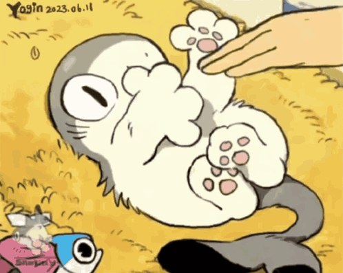 A Cartoon Drawing Of A Cat Laying On Its Back With A Hand Petting It GIF
