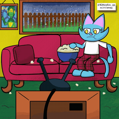 A Cartoon Drawing Of A Cat Sitting On A Couch With A Bowl Of Popcorn GIF