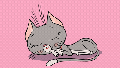 a cartoon drawing of a cat sleeping on a pink background