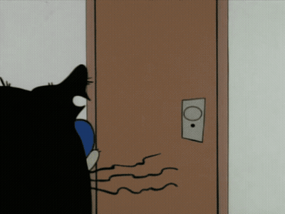 A Cartoon Drawing Of A Cat Standing In Front Of A Brown Door GIF
