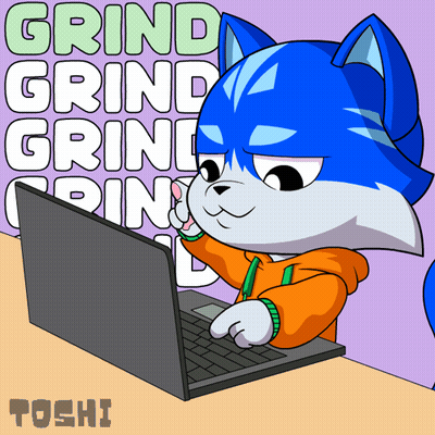 A Cartoon Drawing Of A Cat Using A Laptop With The Words Grind Grind Grind Written On The Background GIF