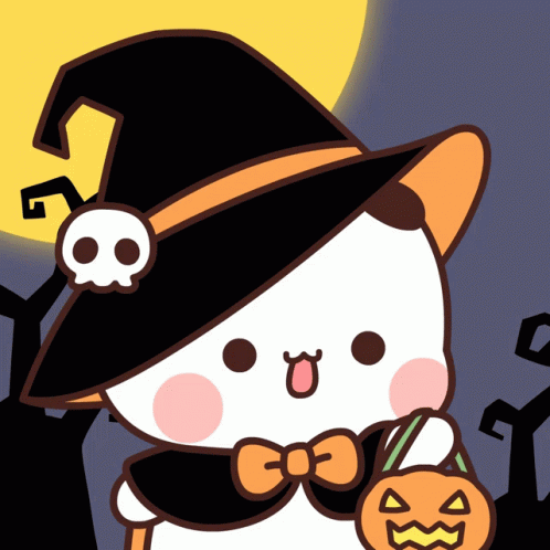 A Cartoon Drawing Of A Cat Wearing A Witch Hat And Holding A Pumpkin GIF