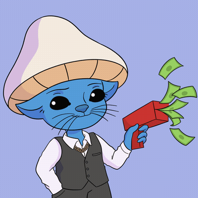 A Cartoon Drawing Of A Cat With A Mushroom Hat Holding A Gun With Money Coming Out Of It GIF
