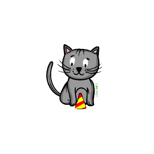 A Cartoon Drawing Of A Cat With A Party Hat And The Word Coexist Below It Sticker