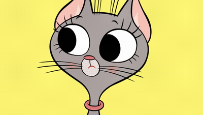 A Cartoon Drawing Of A Cat With A Pink Collar On A Yellow Background GIF