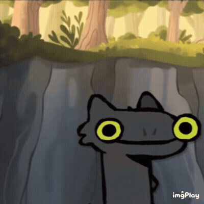 A Cartoon Drawing Of A Cat With Big Green Eyes And The Words Imgplay Below It GIF