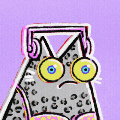 A Cartoon Drawing Of A Cat With Big Yellow Eyes And A Triangle On Its Head GIF