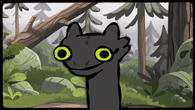 A Cartoon Drawing Of A Cat With Big Yellow Eyes In A Forest GIF