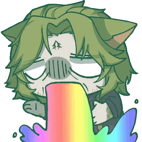 A Cartoon Drawing Of A Cat With Green Hair And A Rainbow Coming Out Of It 'S Mouth Sticker