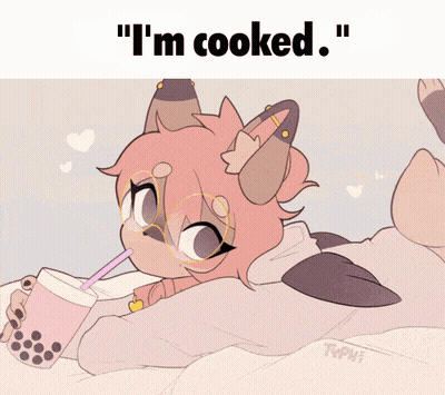 A Cartoon Drawing Of A Cat With The Words " I 'M Cooked " Above It GIF