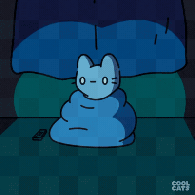A Cartoon Drawing Of A Cat Wrapped In A Blue Blanket GIF