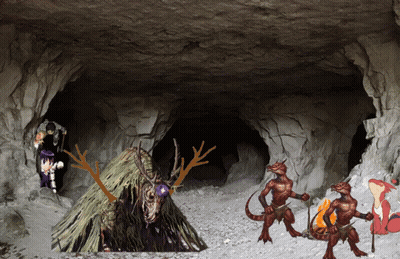A Cartoon Drawing Of A Cave With A Deer With Antlers And Purple Eyes GIF