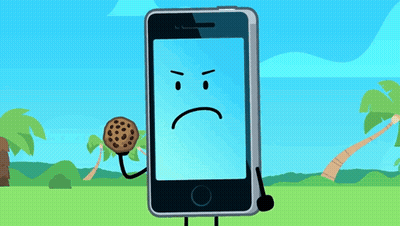 A Cartoon Drawing Of A Cell Phone Holding A Cookie With A Face Drawn On It GIF