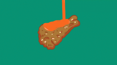 A Cartoon Drawing Of A Chicken Nugget With Sauce Dripping Off Of It GIF