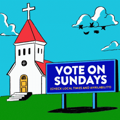 A Cartoon Drawing Of A Church With A Billboard That Says Vote On Sundays GIF