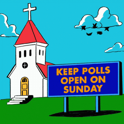 A Cartoon Drawing Of A Church With A Sign That Says Keep Polls Open On Sunday GIF