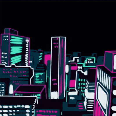 A Cartoon Drawing Of A City At Night With Neon Lights GIF