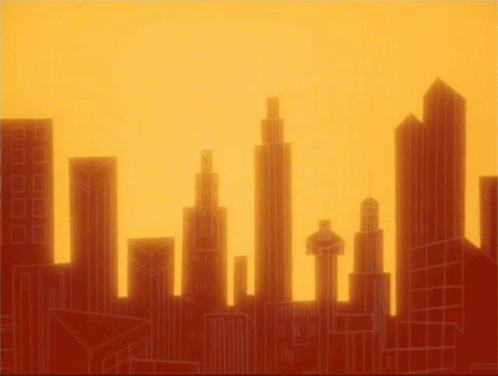 A Cartoon Drawing Of A City Skyline With A Sunset In The Background GIF