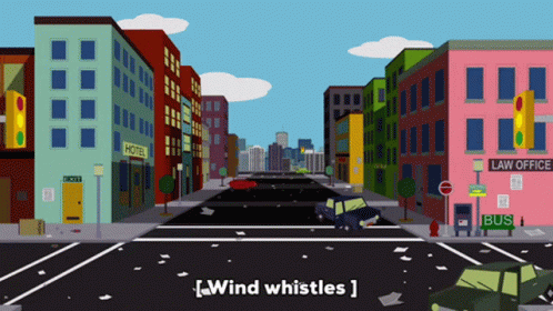 A Cartoon Drawing Of A City Street With The Words [ Wind Whistles ] On The Bottom GIF