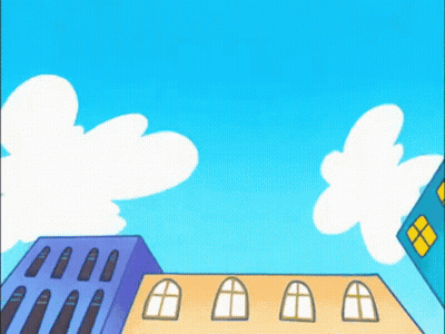 A Cartoon Drawing Of A City With A Blue Sky And Clouds GIF