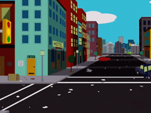 A Cartoon Drawing Of A City With A Hotel In The Background GIF