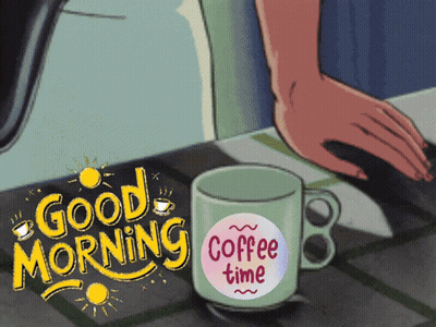 A Cartoon Drawing Of A Coffee Mug That Says Good Morning GIF