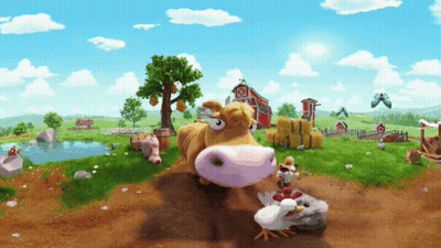 A Cartoon Drawing Of A Cow And Chicken On A Farm With A Red Barn In The Background GIF