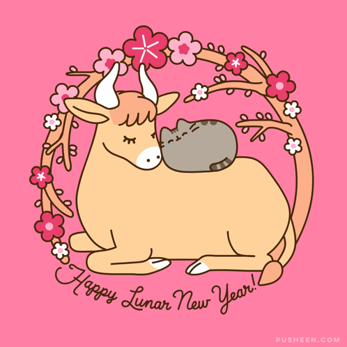 A Cartoon Drawing Of A Cow With A Cat On Its Back And The Words Happy Lunar New Year GIF