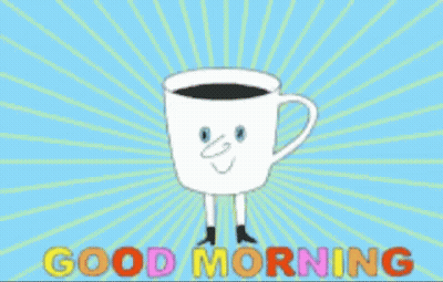 A Cartoon Drawing Of A Cup Of Coffee With A Face And Legs And The Words Good Morning GIF