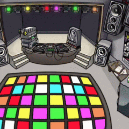 A Cartoon Drawing Of A Dance Floor With A Dj On The Stage GIF