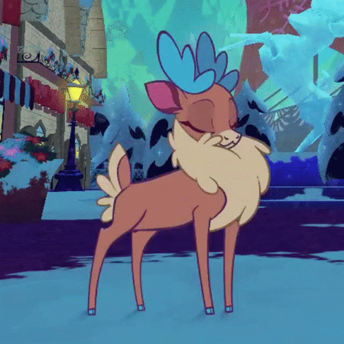 A Cartoon Drawing Of A Deer With Blue Antlers Standing On A Snowy Street . GIF