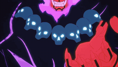 A Cartoon Drawing Of A Demon With A Necklace Of Skulls Around His Neck GIF