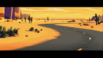 A Cartoon Drawing Of A Desert Road With Cactus And Rocks GIF