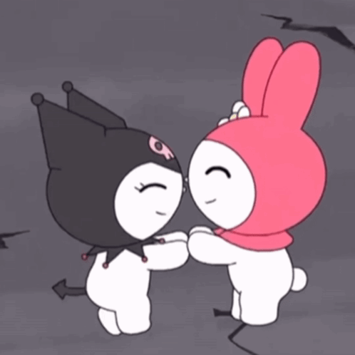 A Cartoon Drawing Of A Devil And A Bunny Holding Hands GIF