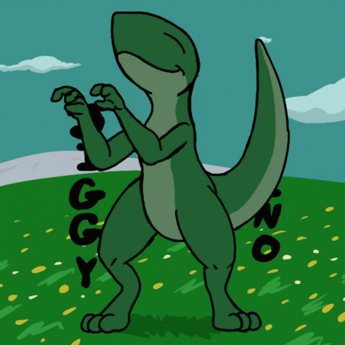 A Cartoon Drawing Of A Dinosaur Holding A Sign That Says " Piggy " GIF