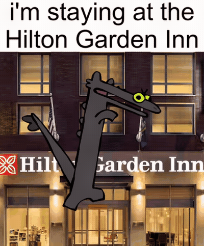 A Cartoon Drawing Of A Dinosaur In Front Of A Hilton Garden Inn GIF
