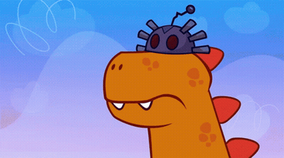 A Cartoon Drawing Of A Dinosaur With A Robot On Its Head GIF