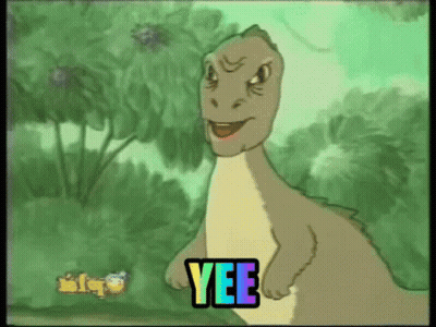 A Cartoon Drawing Of A Dinosaur With Yee Written On The Bottom GIF