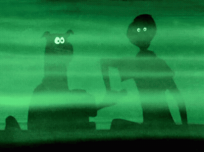 A Cartoon Drawing Of A Dog And A Person With Glowing Eyes GIF