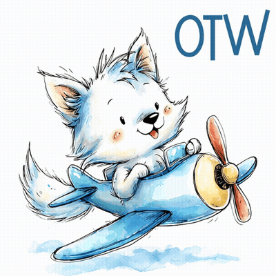 A Cartoon Drawing Of A Dog Flying On A Plane With The Word Otw Below It GIF