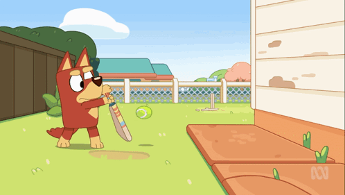 A Cartoon Drawing Of A Dog Holding A Cricket Bat And A Tennis Ball GIF
