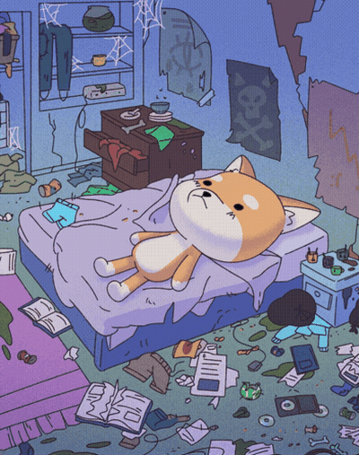 A Cartoon Drawing Of A Dog Laying On A Messy Bed GIF