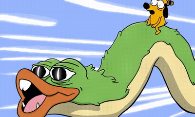 A Cartoon Drawing Of A Dog Sitting On Top Of A Green Snake GIF
