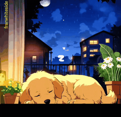 A Cartoon Drawing Of A Dog Sleeping On A Balcony With The Words Franwhiteside Below It GIF