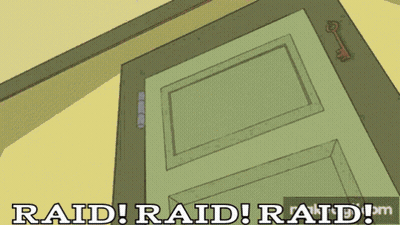 A Cartoon Drawing Of A Door With The Words Raid Raid Raid On The Bottom GIF