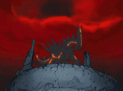 A Cartoon Drawing Of A Dragon Standing On A Rock With A Red Background GIF